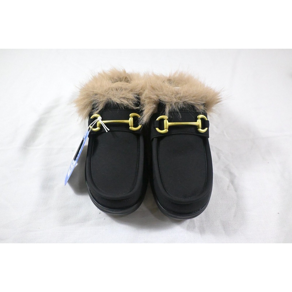 HEYDUDE Wally Slip Loafer MARKET Black Faux Fur Gold Horsebit Men's 7 NWT
